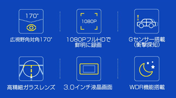 「楽天1位」ドライブレコーダー 前後カメラ 駐車監視 3.0インチ 170度広角 フロント170° バック120°スタンダード 300万画素 小型ボディループ録画 動体検知 暗視機能 衝撃録画 上書き録画 Gセンサー搭載 ドラレコ 高速起動 英語/日本語対応